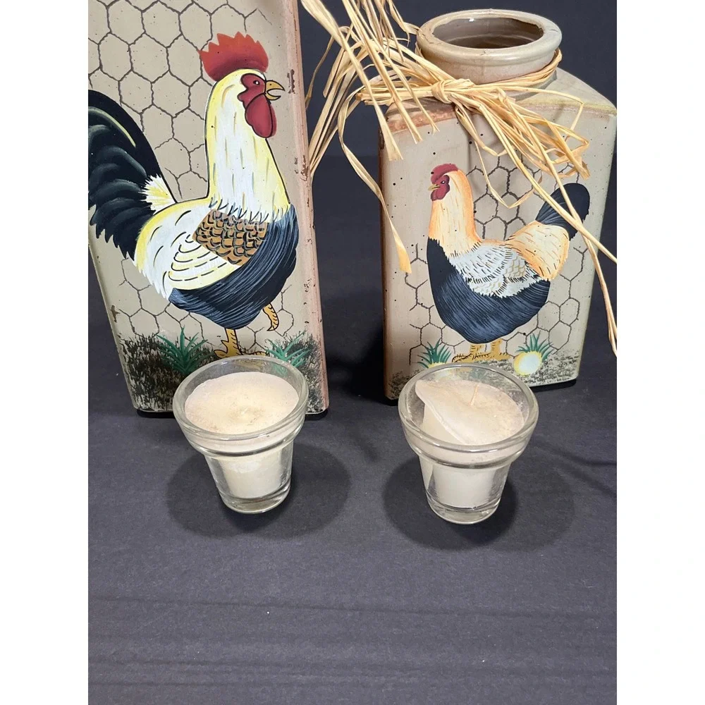 Vintage Farmhouse Rooster Ceramic Candle Holder Set Rustic Country Decor 2pc